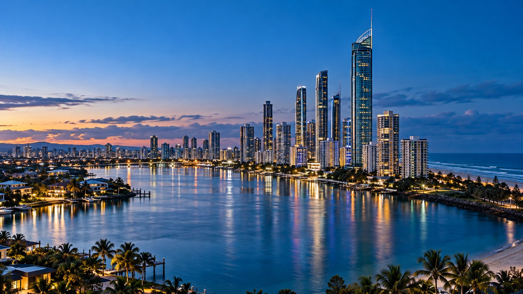 Gold Coast skyline at distance, standing for work that carries across locations