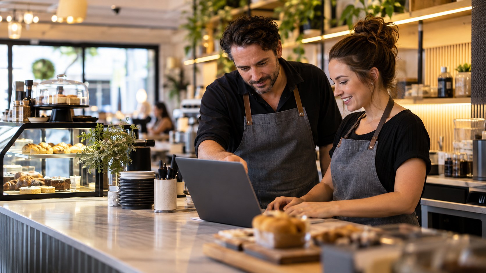 People using technology in a modern small-business environment