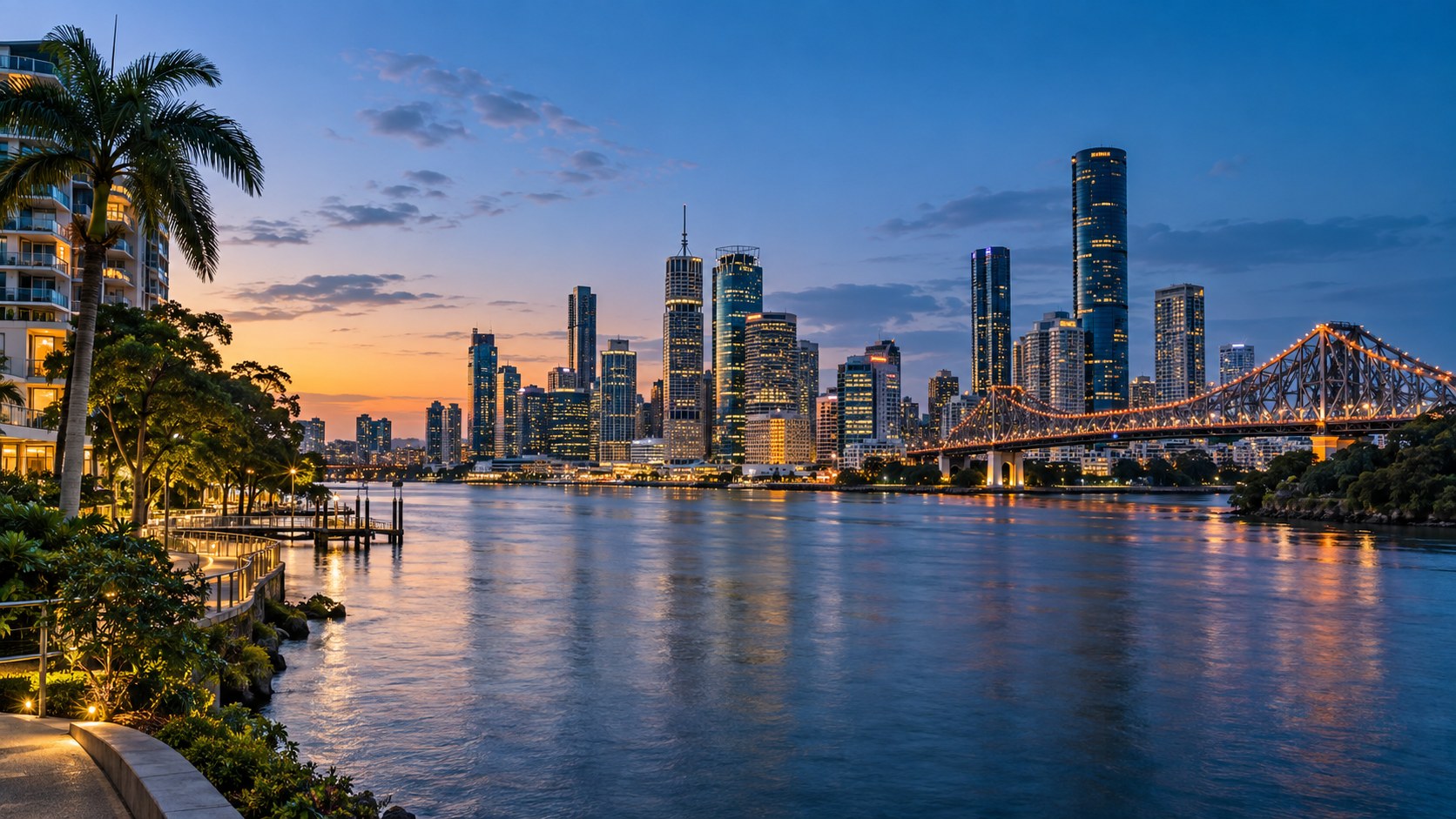 Brisbane skyline at distance, standing for work that carries across locations