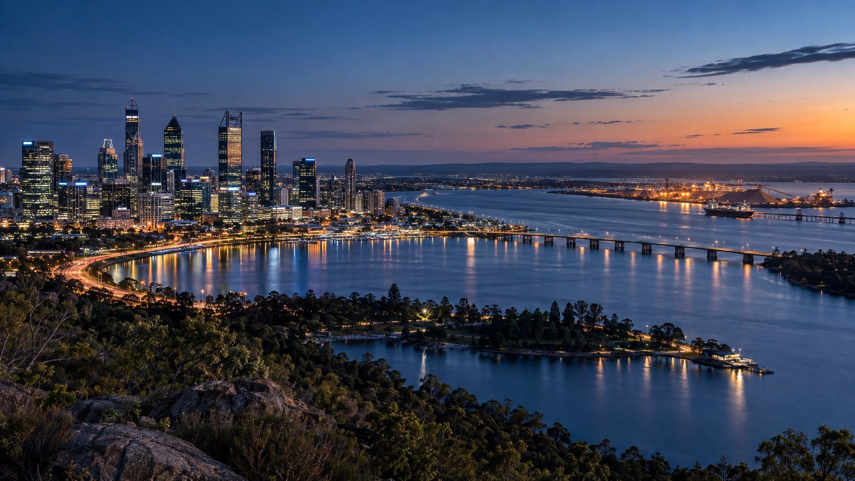 Perth skyline at distance, standing for work that carries across locations