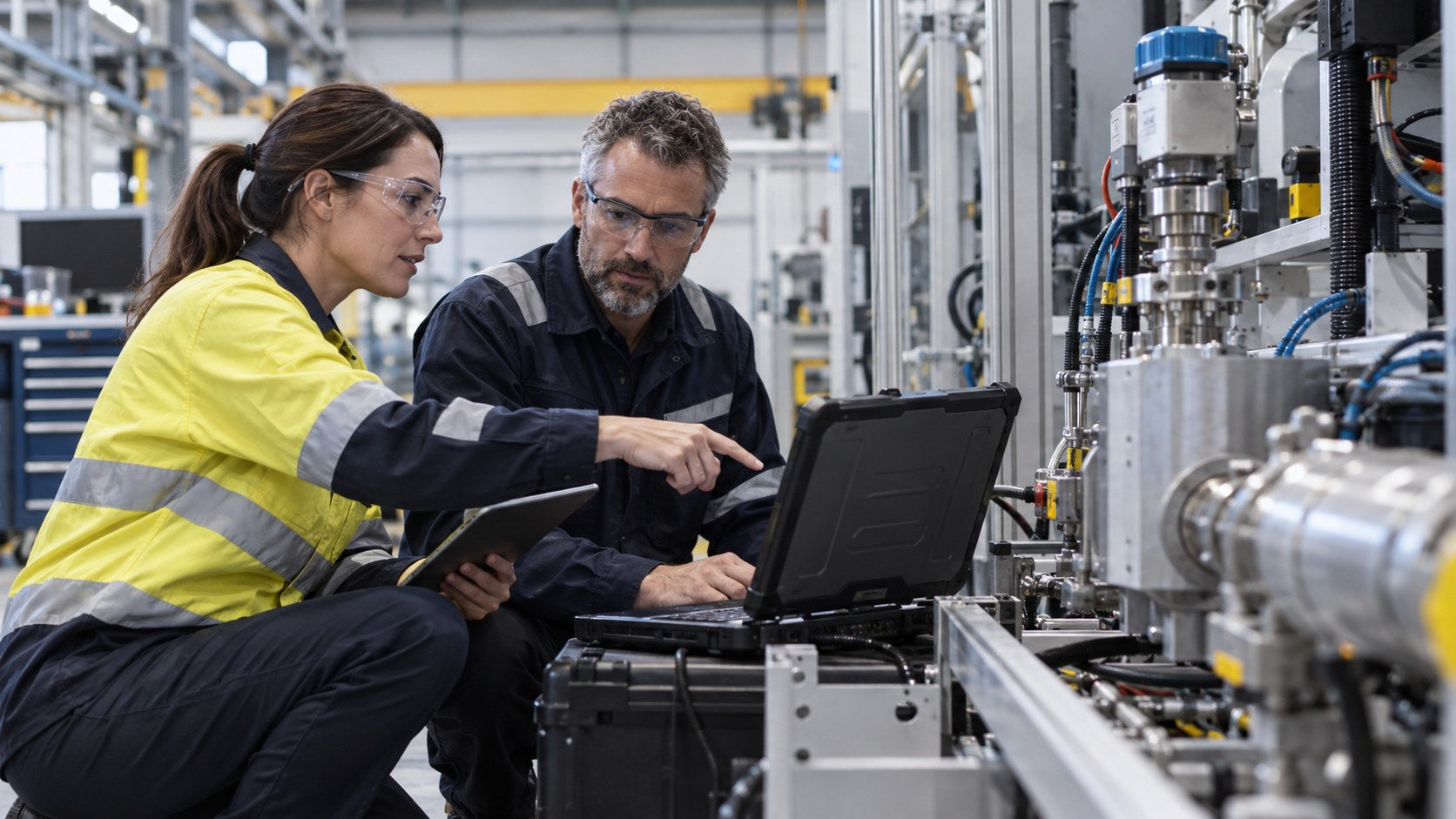 Technical specialists investigating systems in an industrial operating environment